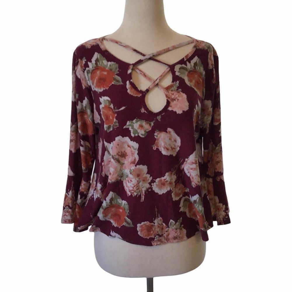 TRY THIS WOMENS L PULLOVER CROP TOP MAROON FLORAL MULTICOLORED LONG SLEEVE